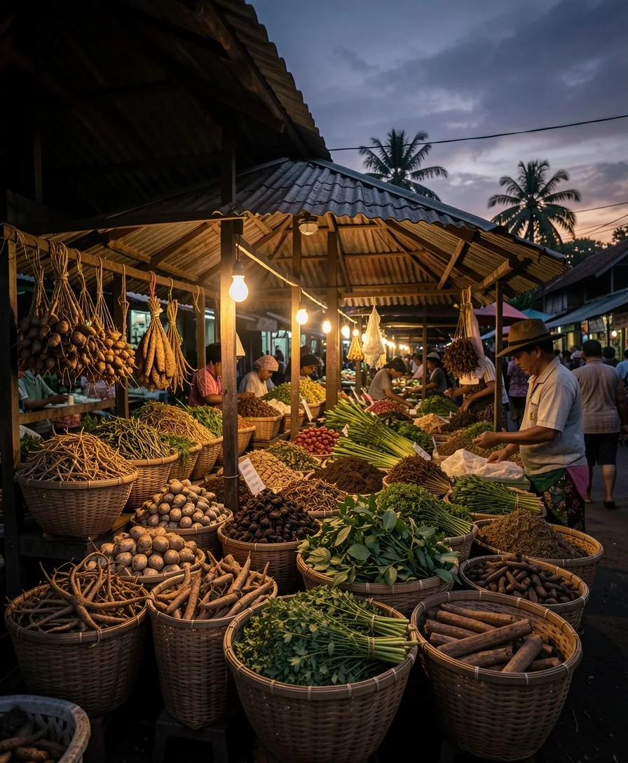 Traditional Indonesian herbal market stall with dried botanicals