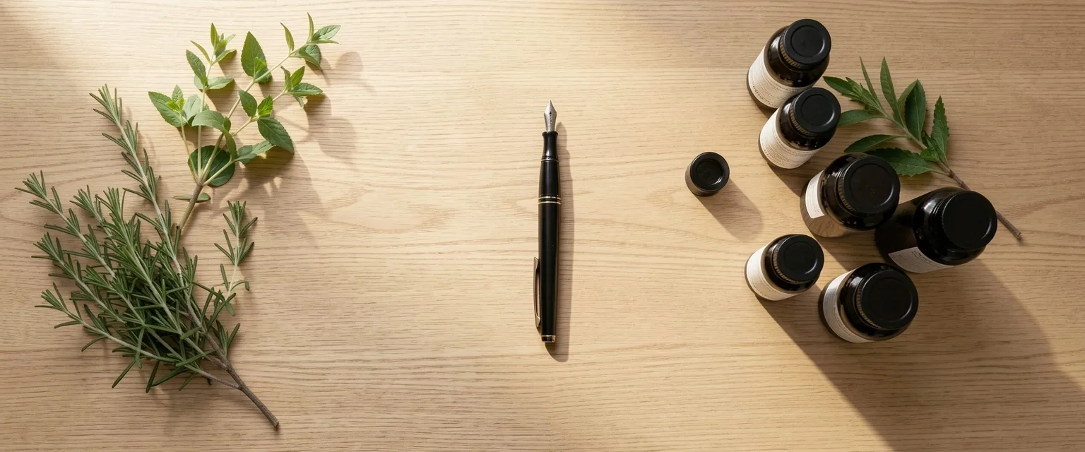 A quietly lit workspace with botanical jars on the desk