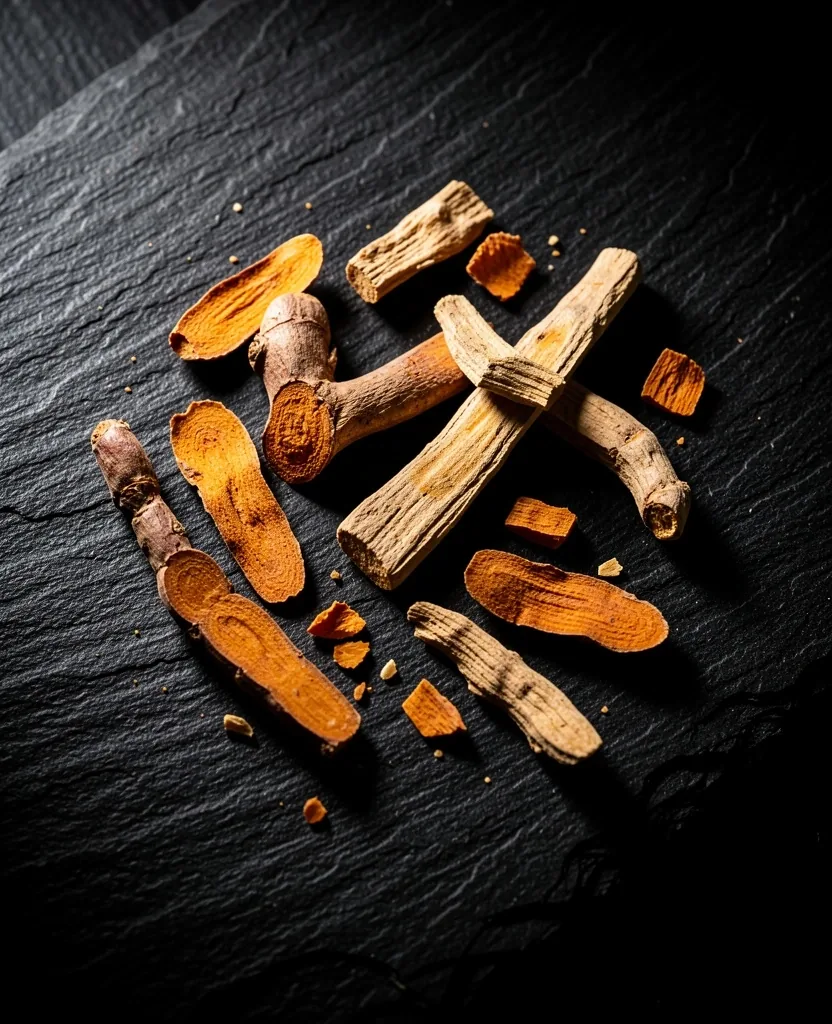 Dried botanical root specimen on dark surface