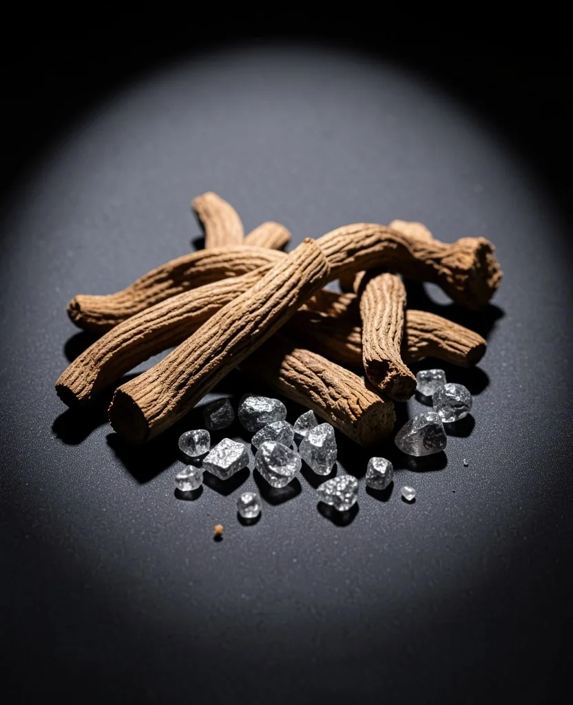 Botanical macro specimen of dried ashwagandha root on dark surface