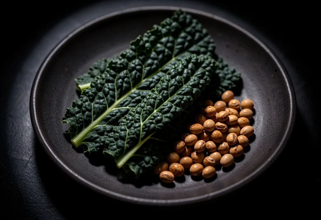 Dark leafy greens and fermented beans on dark ceramic