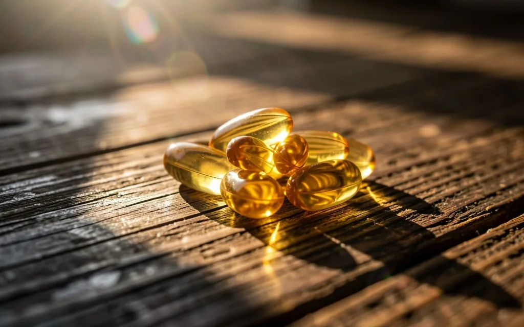 Sunlight illuminating supplement capsules on a wooden surface
