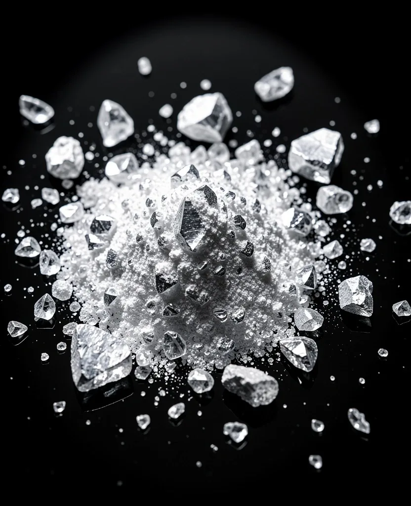 Zinc powder and crystals under spotlight on black surface