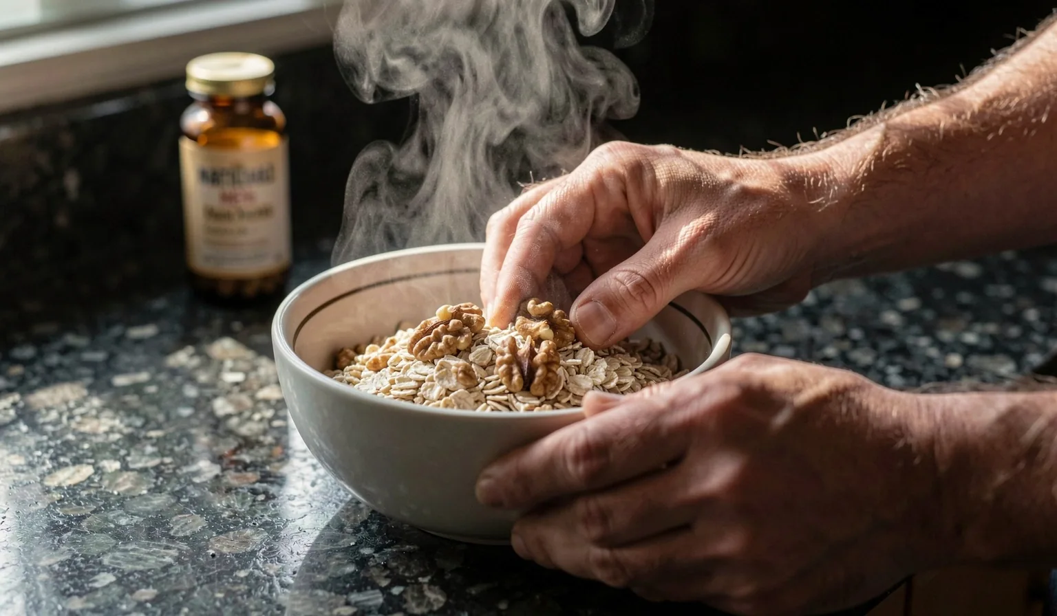 A man preparing food in a dimly lit kitchen in the morning